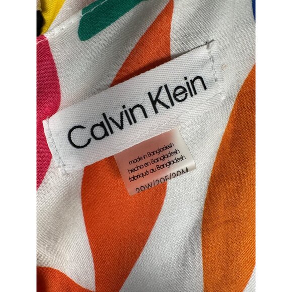 NWT Calvin Klein Colorful Print Dress Size 20W Puff Sleeve Cotton Artsy Rainbow - Picture 3 of 15